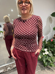 Wine Polka Dot Mesh Top Sofia