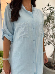 Light Blue Longline Sequin Pocket Shirt Zoey