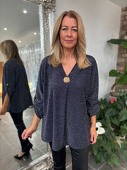 Navy Shimmer Brooch Top Indy