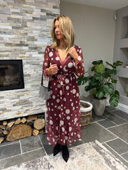 Wine Polka Dot Belted Mesh Dress Alana