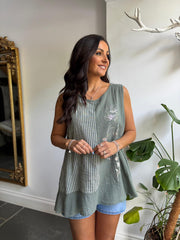 Khaki Striped Panel Sleeveless Top Gaynor