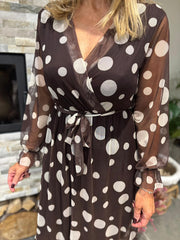 Chocolate Polka Dot Belted Mesh Dress Alana