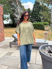 Khaki Embroidered Floral Top Frankie