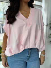 Pink Gathered Hem V Neck Top Willa