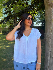 White Textured V Neck Top Jodie