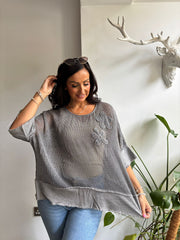 Charcoal Distressed Trim Net Top Shirley