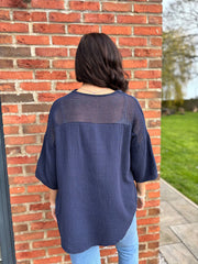 Navy Boho Daisy Bubble Cotton Top Skye