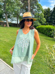 Khaki Embellished Tree Of life Vest Top Olivia