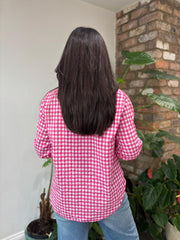 Lipstick Pink Button Sleeve Gingham Blouse Opal