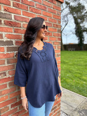 Navy Boho Daisy Bubble Cotton Top Skye