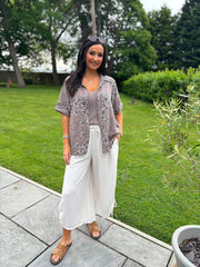Mocha Bubble Cotton Paisley Short Sleeve Shirt Jackie