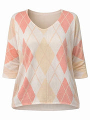 Orange V Neck Argyle Print Top Izzy