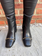 Black Chain Front Block Heel Boots