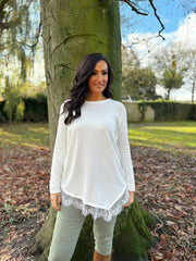 Winter White Ruched Lace Trim Top Janet