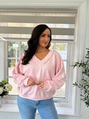 Pink Slogan V Neck Sweatshirt Dakota