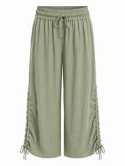 Khaki Ruched Drawstring Wide Leg Trousers