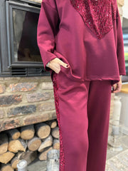 Wine Sequin Velour Trim Joggers Trixie