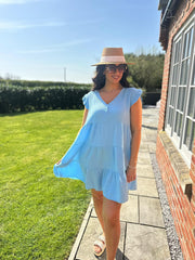 Blue Frill Sleeve Bubble Cotton Dress Alison