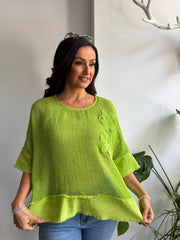 Lime Distressed Trim Net Top Shirley
