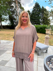 Mocha Sequin Trim Top Astrid