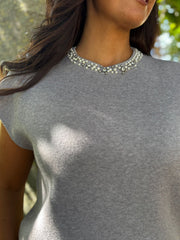 Grey Beaded Neckline Knit Alison