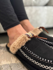 Black Faux Fur Lined Mule Slippers