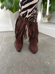 Chocolate Fringed Faux Suede Ankle Boots
