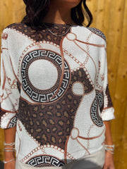 Chocolate Greek Key Multi Pattern Knit Top Dawn
