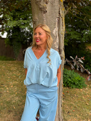 Blue Gathered Hem V Neck Top Willa