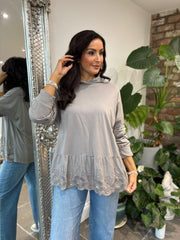 Mocha Crochet Trim Hooded Top Thea