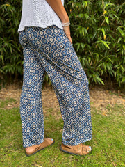 Navy Diamond Pattern Wide Leg Trousers