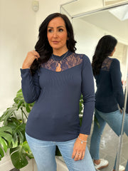 Navy Lace Ribbed Top Francesca