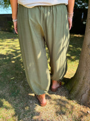 Khaki Smocked Waist Hareem Trousers