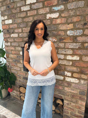 White Ribbed Lace Trim Vest Primrose