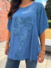 Denim Embroidered Floral Top Frankie