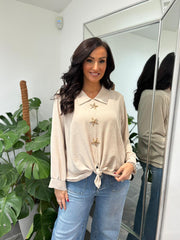 Stone Brooch Tie Front Blouse Megan