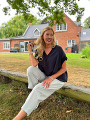 Navy Gathered Hem V Neck Top Willa