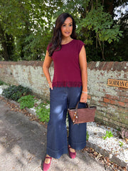 Wine Fringed Knit Vest Amara
