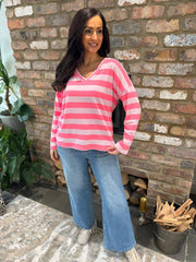 Baby Pink Striped V Neck Sweater Ezra