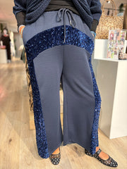 Navy Cropped Sequin Panel Wide Leg Trousers