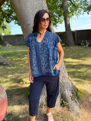 Navy Bubble Cotton Paisley Top Sammie