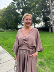 Mocha Ruched Pebble Button Top Kate