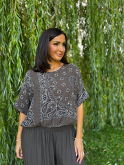 Chocolate Paisley Bubble Cotton Bubble Hem Top Rita