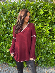 Wine Blanket Stitch V Neck Jumper Jenny