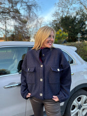 Navy Boucle High Neck Bomber Jacket Jude