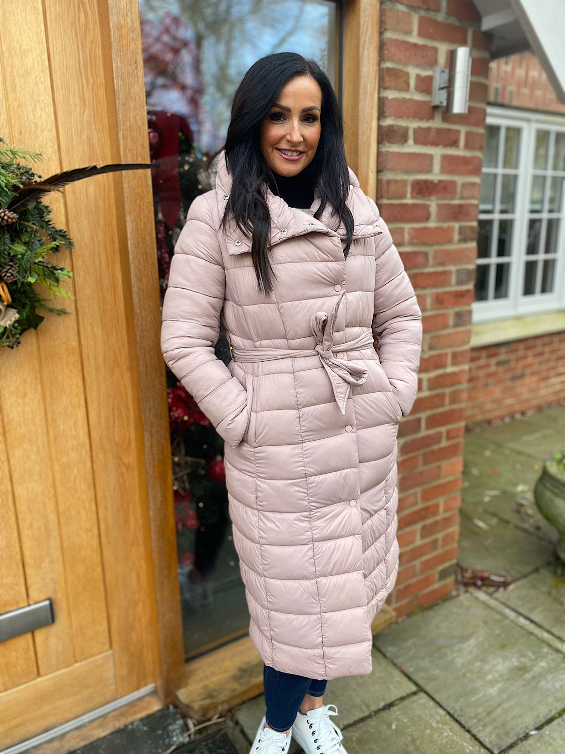 Long pink puffer clearance coat