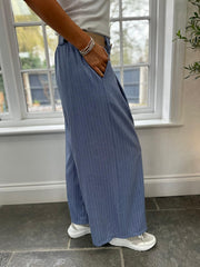 Denim Tailored Wide Leg Pinstripe Trousers