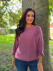 Mauve Applique Ruffle Sleeve Knit Crystal