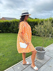 Orange  Bardot Bubble Cotton Leopard Dress Isla