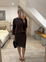 Chocolate Stud Detail Two Piece Skirt Set Wilma